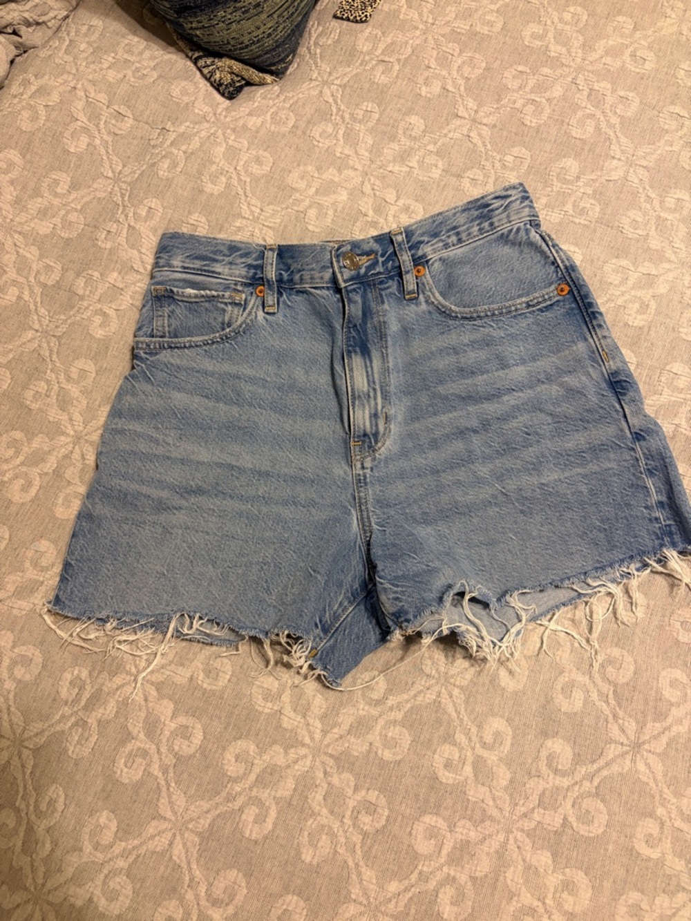 American Eagle Outfitters Light Blue Frayed High-Rise Jean Shorts